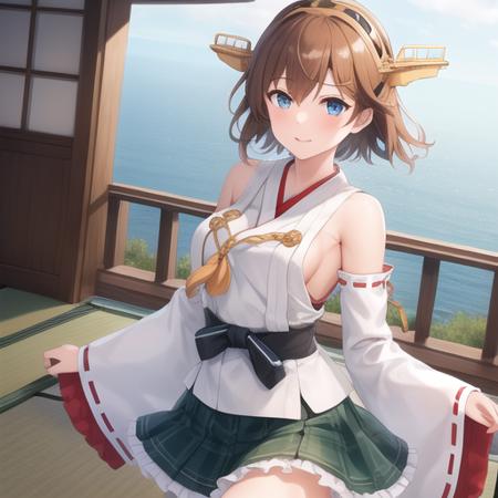 (masterpiece, best quality:1.2),illustration,8k,hd,1girl,solo,cowboy shot,hiei (kancolle),blue eyes,brown hair,detached sleeves,flipped hair,frilled skirt,frills,green skirt,hairband,headgear,japanese clothes,plaid,plaid skirt,ribbon-trimmed sleeves,ribbon trim,short hair,skirt,<lora:Hiei(kan)>,