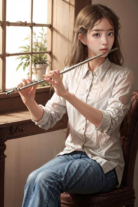 1girl, playing flute, flute, masterpiece, best quality, 8k, indoor, jeans, golden hair
 <lora:brass_flute:0.76>