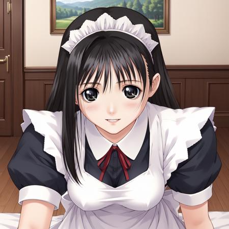 NozomiWatase,1girl,black hair,long hair,black eyes, maid headband,housemaid,apron, long_skirt, white_pantyhose, garter belt,white_thighhighs, lace up boots,black boots,