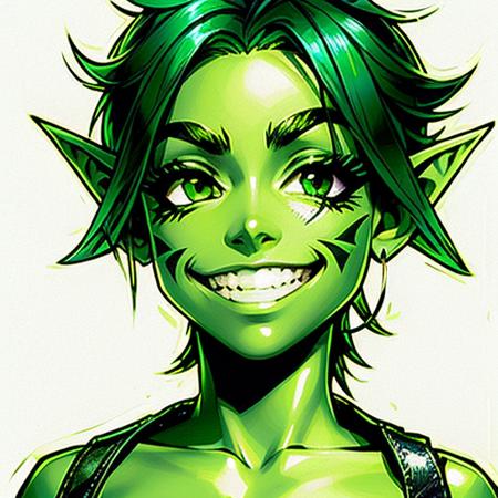 solo DarkGoblinz:0.9 (((green))) (shiny green_skin:1.5, green face), pointy ears, yellow eyes, fangs, grin,(best quality:1.0), (ultra highres:1.0), (detailed photographic portrait ), brown fur collar, large breasts, navel, hips,