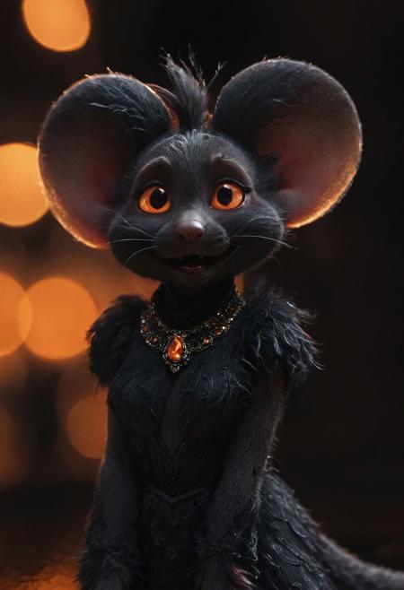 Closeup portrait. face closeup, 3d depth of field Simulation, closeup portrait of an fluffy high detailed black furry oriental diddl mouse dancer at night, high collar translucent Night gown, orange glowing translucent jewelery, oriental desert themed city, realistic, depth of lenticular, dramatic, bold lines async, deep blacks, illuminated from behind, holy Aura, Long dense grown river