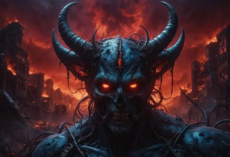 minimal, clean wire install, apocalypse core virus, black plague intrigue, the last smile in red oil paint Wide range of colors., azure blues and deep purples, demon horns Dramatic,Dynamic,Cinematic,Sharp details Insane quality. Insane resolution. Insane details. Masterpiece. 32k resolution
