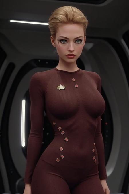 photo of <lora:sevenofnine-07:0.7>, sevenofnine, a woman with ((hair tied back, fancy updo, blonde hair):1.2),((pale skin):1.1), ((cowboy shot, waist, hips, thighs):1.2),beautiful skin, ((beautiful red floral pattern bodysuit, red bodysuit):1.2),((walking, indoors, spaceship):1.2),((detailed face, beautiful face, detailed eyes, beautiful eyes):1.1), ((red lipstick, heavy eyeliner, full makeup, heavy eye shadow):1.2),((best quality, masterpiece, extreme details):1.2),modelshoot style, (extremely detailed CG unity 8k wallpaper), photo of the most beautiful artwork in the world, , professional majestic (photography by Steve McCurry), 8k uhd, dslr, soft lighting, high quality, film grain, Fujifilm XT3 sharp focus, f 5.6, High Detail, Sharp focus, dramatic