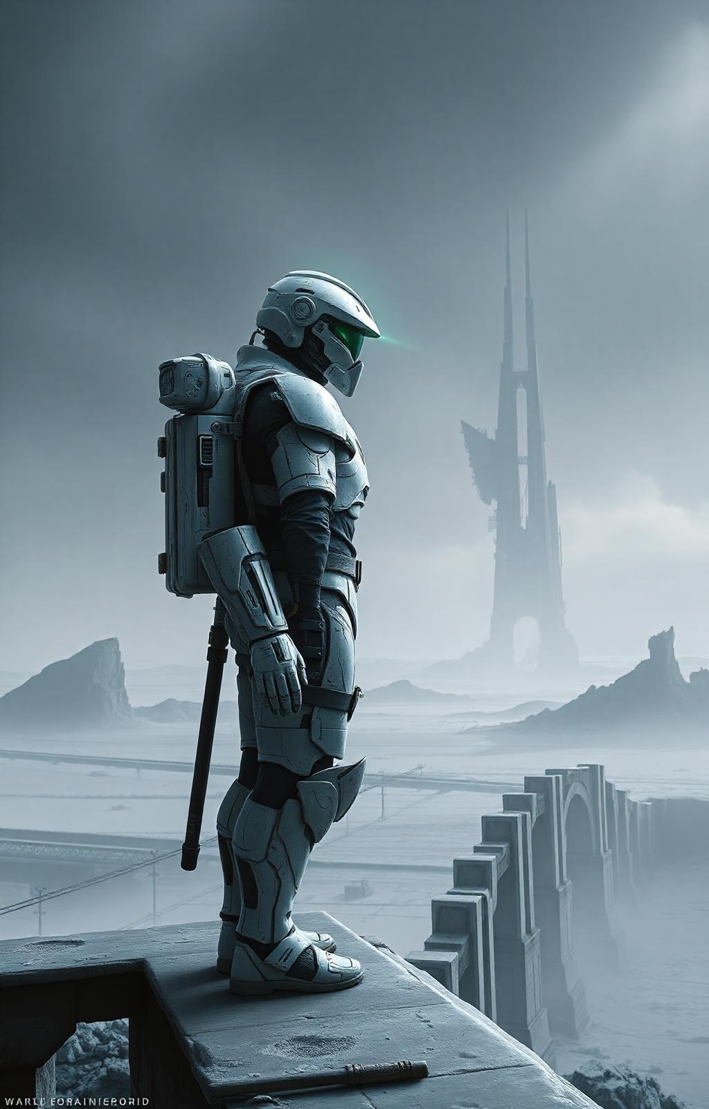 A lone warrior, encased in futuristic white armor, stands on the precipice of a ruined bridge, their silhouette stark against the backdrop of a frozen wasteland. The armor, adorned with intricate details and battle scars, reflects a history of conflict and survival. A single green light emanates from the helmet's visor, piercing the gloom of the overcast sky. The figure's heavy backpack, laden with survival gear, suggests a long and arduous journey. The desolate landscape stretches into the horizon, punctuated by crumbling remnants of a forgotten civilization. A towering, partially collapsed structure dominates the skyline, a silent testament to a lost world. Render this scene in a gritty, realistic style, emphasizing the textures of the weathered armor and the desolate environment. The overall atmosphere should be one of solitude, resilience, and the quiet dignity of survival. Use a desaturated color palette to enhance the sense of bleakness and despair.