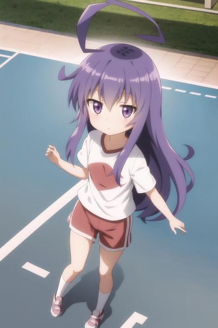 1girl, tsumiki_miniwa, purple hair, full body, little girl, long hair, ahoge, sport clothes, white t-shirt, red shorts, school stadium