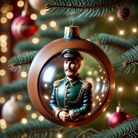 very realistic close-up photograph of a  Christmas sphere with a wooden soldier in it hanging in a Christmas tree branch