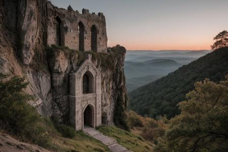 raw photo, a sunset landscape, oregon mountains, forested ravine cliffs, cozy, photorealistic, abandoned Towering Stone gateway entry into dark the side of cliff, dwarven, high fantasy style, high detailed texture, 8k uhd, dslr, soft lighting, high quality, film grain, Fujifilm XT3, Sony A7 IV, highly detailed photography, (muted colors, cinematic, dim colors, soothing tones:1.2), vibrant, insanely detailed, hyperdetailed, (dark shot:1.2), (vsco:0.3), (intricate details:0.9), (hdr, hyperdetailed:1.2) (highest coherency: 1.39) (highest quality: 1.39) (rule-of-thirds) (award-winning) (masterclass) (highest resolution: 1.39) (castle architecture built into cliff) (starfort: 1.1) (protruding from hillside)
