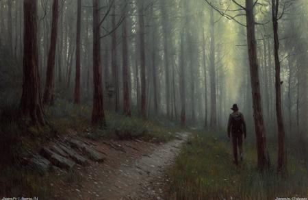 (impressionism:1.15), A shadow that walks alone, Cliff/Bluff, pine forest, (jeremy mann:1), scene painting,a painting,scenery,