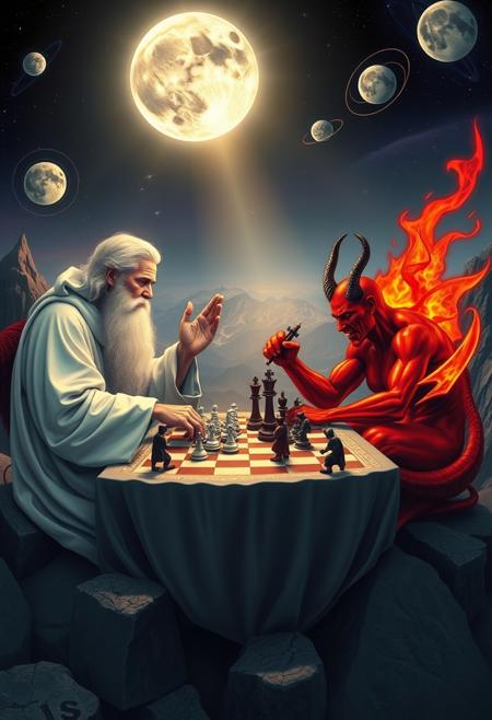 god and the devil are playing chess, they are sitting at a table in a mountain top with celestial bodies, or a cosmic backdrop, god is despicted as a wise old man in white robes and a long beard, the devil is red with horns , the chess pieces are little humans, they both look very concentrated and looking at chessboard, divine light surrounding God, hellfire glow around the Devil