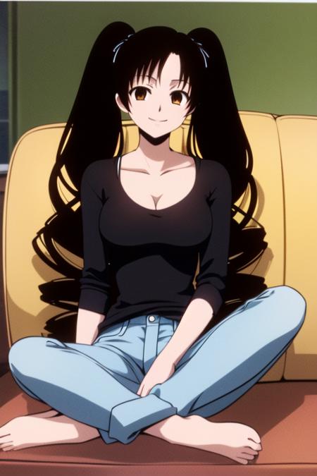 masterpiece, best quality, <lora:kunogi_himawari:0.7> kunogi_himawari, 1girl, solo, long hair, large breasts, black hair, twintails, very long hair, looking at viewer, drill hair, jeans, black shirt, sitting, red couch, smile, crossed legs,