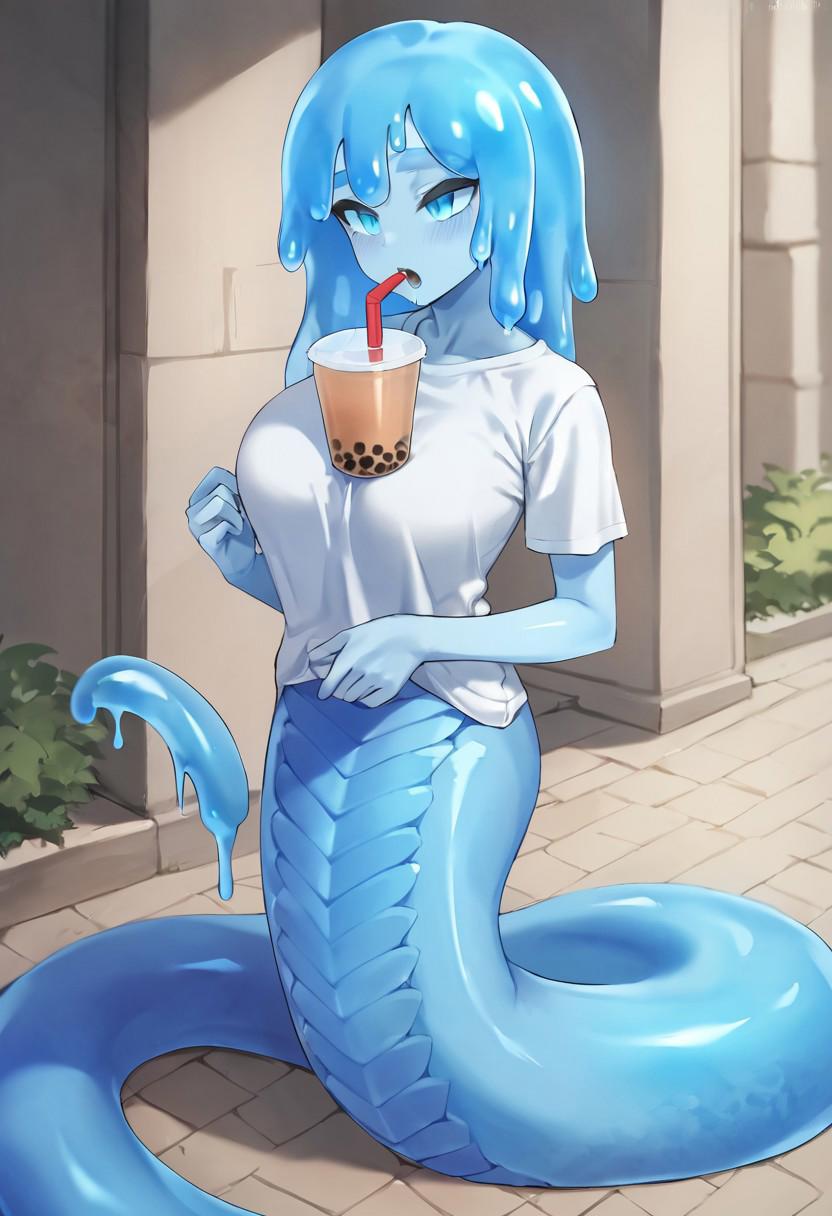 (score_9, score_8_up, score_7_up), (Masterpiece), (expressive eyes), 1girl, (slime girl), (lamia), colored skin, (blue skin), blue eyes, blue hair, blue tail, slimy hair, slimy skin, clear tail path, slimy tail, dripping slime, large breasts, JTVeemo, outdoors, bubble tea challenge