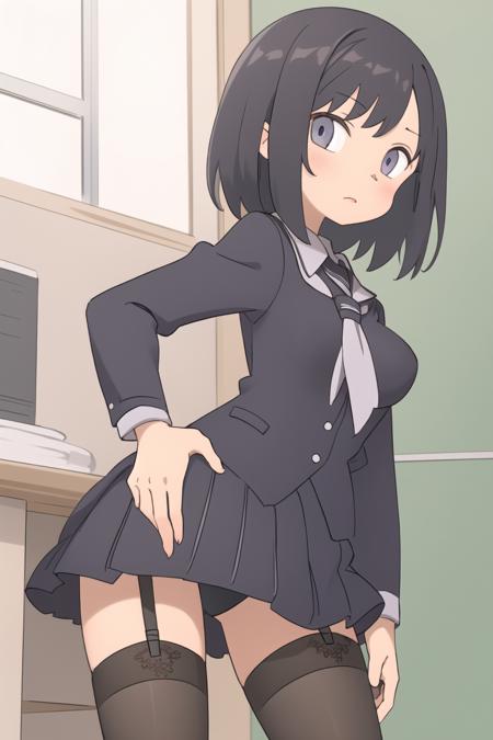 <lora:GoodHands-beta2:1>, 1girl, solo, masterpiece, <lora:SketchyMaa:0.8> sketchymaa, school uniform, sharp eyes, looking at viewer, hand on hip, garter belt, stockings, black hair, medium hair, medium breasts