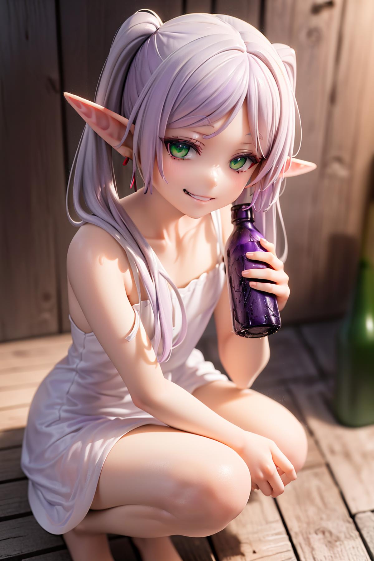 A young girl in a white dress holding a purple bottle.