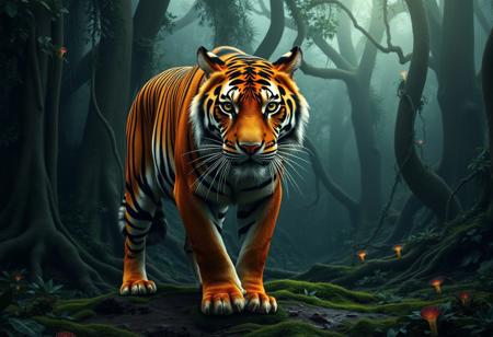 "Masterpiece, best quality, highres, ultra-detailed, cinematic lighting. A magnificent tiger stands in the heart of a dense, misty jungle, its piercing amber eyes locking onto the viewer with an intense and primal stare. Its muscular frame is covered in sleek, vibrant orange fur with deep black stripes, each pattern perfectly defined against the lush greenery. Its whiskers twitch slightly, and its massive paws press firmly against the damp earth, leaving imprints in the soft, moss-covered ground. The air is thick with humidity, and droplets of water cling to the tiger's coat, catching the faint glow of sunlight filtering through the dense canopy above. The jungle is alive with the distant sounds of chirping insects and rustling leaves, yet an eerie silence surrounds the tiger as if the entire forest acknowledges its dominance. Towering ancient trees with twisted roots form a natural labyrinth around the beast, their trunks covered in creeping vines and bioluminescent fungi that emit a soft, ethereal glow. In the background, a distant waterfall cascades down moss-covered rocks, the mist rising from below, creating a hazy, dreamlike atmosphere. The composition is perfectly balanced, with the tiger slightly off-center, drawing immediate focus to its razor-sharp gaze and the intricate details of its fur, each strand illuminated by the interplay of light and shadow. The air is thick with tension, as if the jungle itself is holding its breath, waiting to see what happens next."