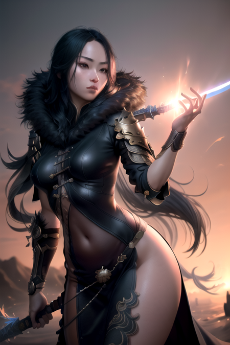 <lora:jinsoyunV4:0.6>jinsoyun, 1girl, solo, long hair, breasts, black hair, weapon, sword, magic ,(realistic:1.2), (realism), (masterpiece:1.2), (best quality), (ultra detailed), (8k, 4k, intricate),(full-body-shot:1), (85mm),light particles, lighting, (highly detailed:1.2),(detailed face:1.2), (gradients), sfw, colorful,(detailed eyes:1.2)(detailed background),detailed landscape, (dynamic angle:1.2), (dynamic pose:1.2), (rule of third_composition:1.3), (Line of action:1.2)