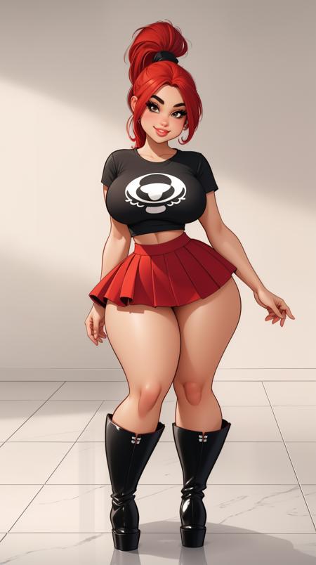 high detailed, masterpiece <lora:p3r3zstyle_v3:0.8> full body image of 1girl cartoon character, posing sexy, subtle smile, pouting, full lips, red hair, ponytail, brown eyes, perfect hands, big breast, wide hips, thick thighs, black tshirt, crop top, red skirt, black high heel boots, simple scene, white background, white wall, shinny floor, white floor,