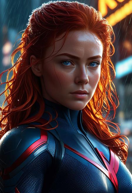 Ultra detailed digital art masterpiece, Hyperdetailed, hyperrealism, extremely high resolution of Beautiful Jean Grey, Greg Rutkowski style, standing in the runes of a metropolis, Realistic blue eyes, wavy long red hair, Marvel, X-Men, Intricately Designed X-Men costume, 8K, deep color, Cinematic Lighting, intricate smooth, sharp focus digital painting, Artgerm, WLOP, Greg Rutkowski, Beautiful Sadie Sink as Jean Grey, wavy red hair, Intricately Designed handsome freckled face, Marvel comics, Realistic combat dirty clothing, perfect whole athletic body, defiant and seductive, Photograph Taken on Nikon D750, Intricate Elegant, Digital Illustration, Scenic, Unreal Engine, CryEngine, Octane Render, 8k, Designed combat clothes, Attractive, Attractive woman, dramatic lighting, wet and sweaty skin, beautiful firm Breasts, Daylight, Concept art by Greg Rutkowski, adding to the intense and dynamic atmosphere of the scene