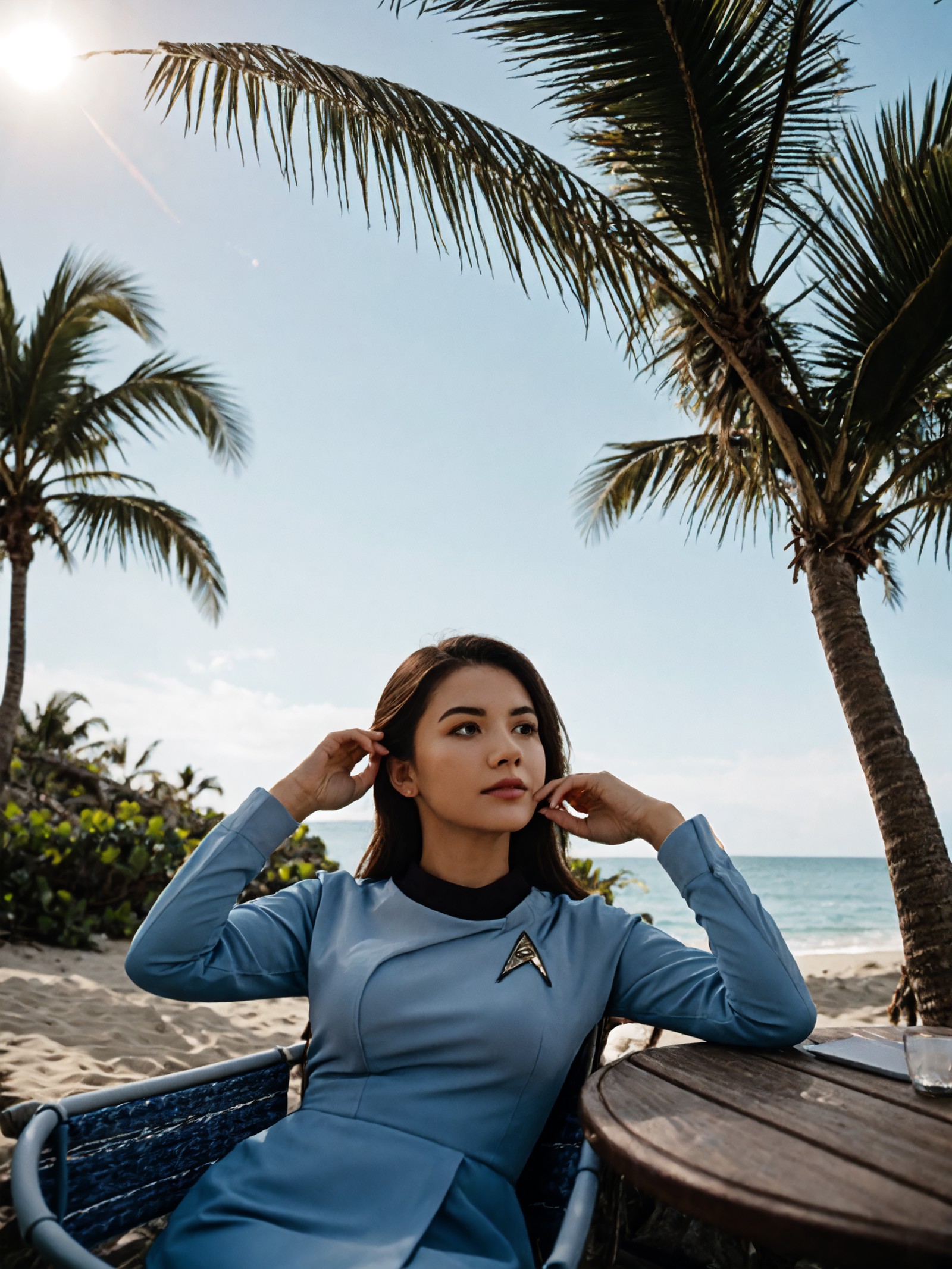 hdr, woman in a blue startrektos dress,on a beach,on a foldchair,drink on ther table,sun umbrella,palm, tree,<lora:Startre...