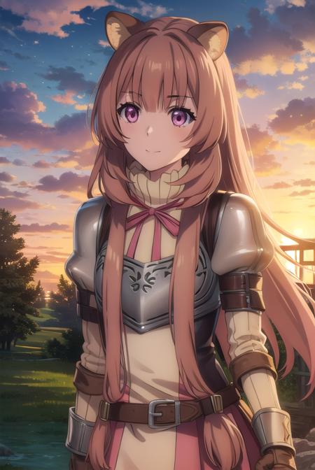 raphtalia, <lora:raphtalia s3-lora-nochekaiser:1>,
raphtalia, long hair, bangs, brown hair, animal ears, raccoon ears, raccoon tail, raccoon girl, (pink eyes:1.3), smile
BREAK long sleeves, sweater, ribbed sweater, puffy sleeves, breastplate, ribbon, red ribbon, gauntlets, glove, brown gloves, belt, skirt, armor,
BREAK outdoors, forest, nature, sun, sky, trees, clouds, grass,
BREAK looking at viewer, (cowboy shot:1.5),
BREAK <lyco:GoodHands-beta2:1>, (masterpiece:1.2), best quality, high resolution, unity 8k wallpaper, (illustration:0.8), (beautiful detailed eyes:1.6), extremely detailed face, perfect lighting, extremely detailed CG, (perfect hands, perfect anatomy),