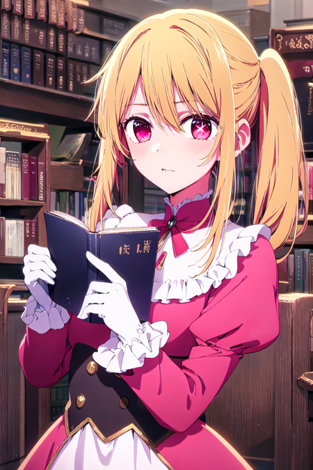 masterpiece, best quality, <lyco:Ruby3:0.7>, ruby hoshino, +_+, blonde hair, expressionless, looking at viewer, 1girl, solo,, detailed eyes,  upperbody, frilled dress, frilled sleeves, long sleeves, white gloves, frills, holding book, bookshelf, library,