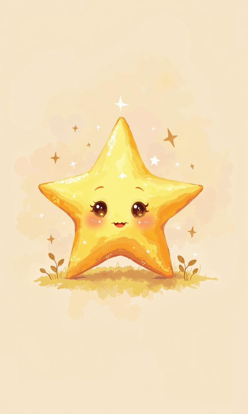 A digitally rendered or watercolor illustration. 
A cute, cartoonish, light yellow star is the central focus. The star has large, round, dark eyes with small, rosy-colored cheeks and a simple, but sweet, smile. It is outlined with a subtle, slightly darker shade of its base color. 
Small, sparkling shapes, like glitter or stars, are scattered around the star, adding to the dreamy, whimsical quality, with some concentrated around the star and some more thinly spread over the background. 
Small, dark-brown, leaf-like shapes are at the base of the star, suggesting a grassy or leafy ground. 
The background is a delicate, light peachy-pink color, subtly blending to create a soft, dreamy feel.  
The overall impression is of a cheerful and imaginative illustration perfect for children or someone with a fondness for light-hearted, whimsical designs.
 <lora:FLUX-daubrez-DB4RZ-v2:1> DB4RZ, DB4RZ style painting