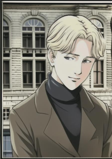 a man with blonde hair and a black turtle neck sweater is standing in front of a building with a clock tower, chain-link_fence, fence, brick_wall, solo, male_focus, blonde_hair, blurry, upper_body