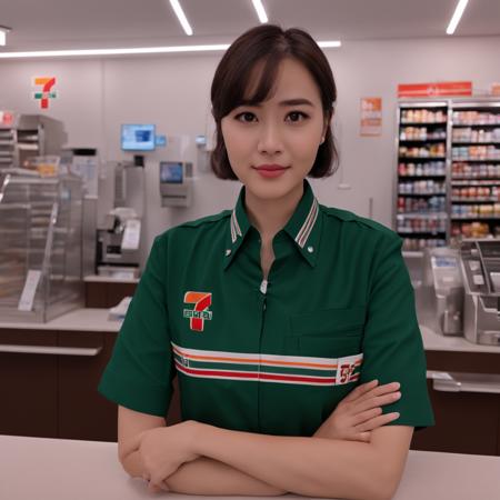 7eleven, scenery, indoors, box, tiles, shop, tile floor, 7elevenU, employee uniform, uniform, green shirt,