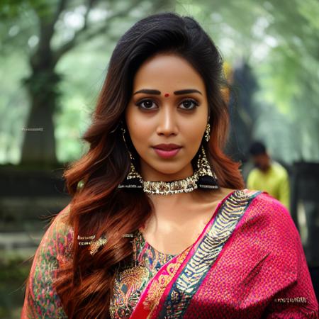 (NivethaPethuraj) , photograph, Chic Woman, wearing Chaplain Holy raiment, Visual Fantasy Makeup, Robotic Legs, Purse, Foggy conditions, deep focus, Screen print, Guilty, film grain, Sony A9 II, F/1.8,  <lora:NivethaPethurajSD1.5:1>