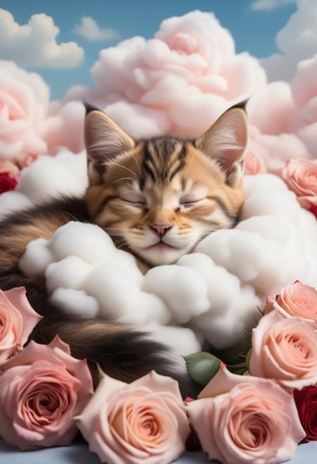 a cute anthro kitten sleeps on a cloud, surrounded by roses, eyes closed, cozy, high quality, an award winning photo for le magazine, poster