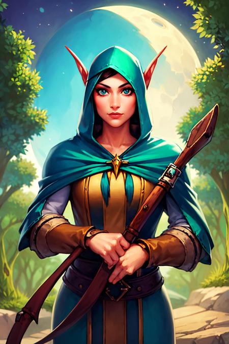 1girl, cowboy shot of beautiful elf huntress, green hood, holding weapon, holding bow \(weapon\), looking at viewer, forest, moon, window, volumetric lighting, best quality, masterpiece <lora:sxz-wowstyle_v4_50_64:1>