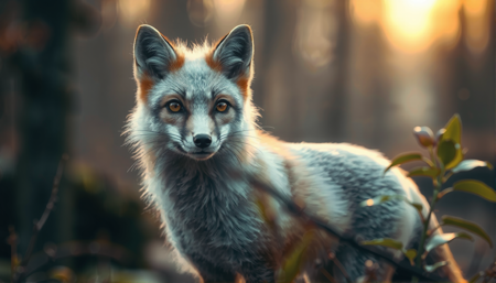 cinematic photo A silver fox with smooth, silvery fur stands quietly in a serene forest clearing. Its large, expressive eyes glisten with golden highlights as it gazes at the distant horizon. The soft lighting casts a warm glow over its fur and captures the faintest hints of greenery against a backdrop of deep brown tones for depth and contrast. The fox's expression is calm, with its ears perked and tail coiled, exuding quiet confidence. Whiskers curl gracefully around its face, adding detail to its graceful figure. A gentle breeze rustles nearby leaves, creating a sense of peace and isolation, emphasizing the magical moment captured in this image., 35mm photograph, film, professional, 4k, highly detailed