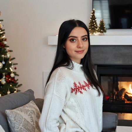 <lora:juliaaburch_sd15_512_128_64_v1:1> juliaaburch, 1girl, black long hair, wearing a christmas sweater, christmas decoration in background, lit fireplace in background