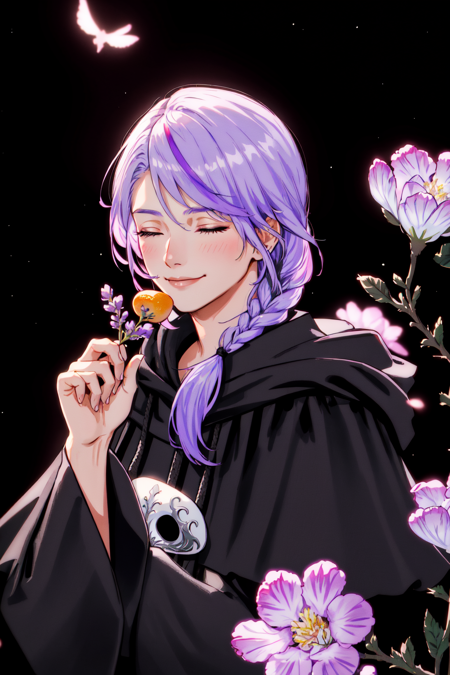 Hythlodaeus, Hythlodaeus, bangs, black capelet, black robe, blurry background, capelet, closed eyes, facing viewer, flower, food, fruit, lavender hair, holding, holding flower, hood, hood down, hooded capelet, long sleeves, mask, mask around neck, mask removed, multicolored hair, own hands together, pink flower, robe, single braid, smile, solo, straight-on, swept bangs, upper body<lora:Hyth_LoRa:0.7>