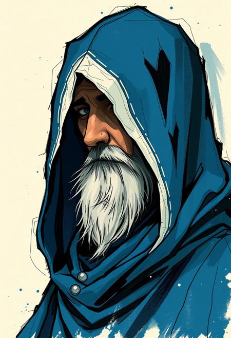 Illustration in the style of cksc of a Hooded wizard, blue hood, white trim, rendered with bold, expressive smudges and unfinished strokes, art nouveau