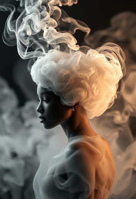 The image features a smoke-like representation of a beautiful African goddess, which appears to be a white and gray goddess. The smoke is billowing upwards, creating a visually striking and artistic effect. The smoke is so dense and well-formed that it resembles the shape of a beautiful goddess, making it an interesting and unique sight. This artistic representation of a goddess using smoke adds a creative and captivating element to the scene.