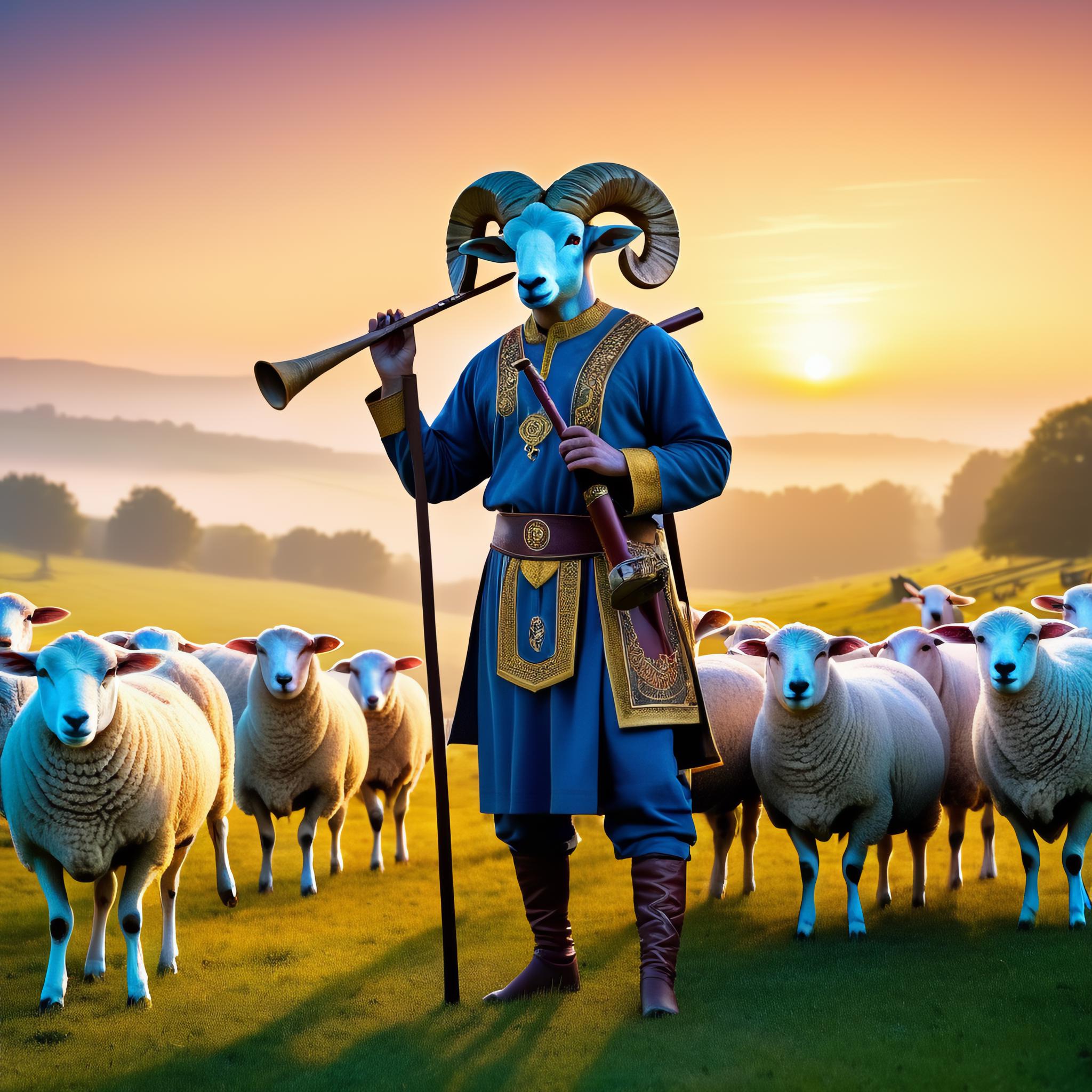 Positive prompt :  A humanoid ram wearing a shepherd's outfit, with a flute in hand, in rolling meadows, surrounded by sheep, at dawn.