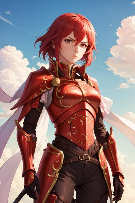 masterpiece, best quality, minerva, red armor, green headband, cape, red gloves, belt, armored legwear, upper body, looking at viewer, breasts, furrowed brow, serious expression, looking at viewer, looking down, from below, sky, clouds <lora:minerva-nvwls-v1-000010:0.9>