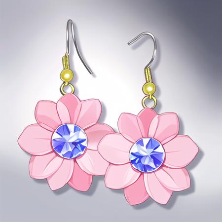 (masterpiece, top quality, best quality, official art, beautiful and aesthetic:1.2),(8k, best quality, masterpiece:1.2),(no humans),a pair of pink flower earrings with a blue crystal center on a hook - on earwires, white background, flower, no humans, shadow, gem, pink flower, still life,<lora:äºæ¬¡åLORA-000012:0.8>,