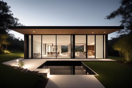 (exterior:1.4) A stunning digital illustration portraying a modern-style villa nestled alongside a serene river, designed by a renowned architect. Drawing inspiration from the works of Bjarke Ingels, the villa seamlessly blends with its surroundings. The illustration showcases the villa's unique architecture, with glass walls and open spaces that invite nature indoors. The color temperature is balanced, enhancing the harmony between the villa and the landscape. The residents' expressions radiate tranquility as they enjoy the waterfront view. Soft, natural lighting bathes the scene in a peaceful ambiance