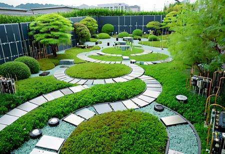 lazypos, Japanese Garden made of Transistors, sky, real world location, grass, bush, walkway made of Transistors, day