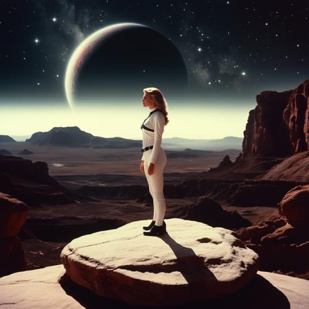A realistic, surreal futuristic scene in the style of a 1980s sci-fi movie. A white female figure stands prominently, occupying two-thirds of the frame, on a rugged rock formation. The background is a dark cosmic vacuum with distant stars. A large, detailed planet fills the remaining third of the background, enhancing the otherworldly and cinematic atmosphere. The scene uses hues of red, white, and black, with minimal intermediate colors, maintaining high contrast and a retro aesthetic. The image has a grainy, slightly faded texture, vintage film look, and a neon glow reminiscent of classic sci-fi films.