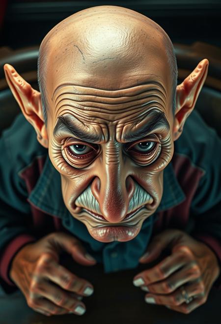 A high-angle, surreal caricature of an elderly, bald man with exaggerated features: prominent brows, deep-set eyes, elongated ears, and blemishes.  His skin is subdued, showing subtle tattoo markings. He gazes downward, exuding wisdom and mischief. The whimsical scene features iridescent reflections and volumetric lighting, with muted blues and reds in the clothing.  The style is realistic yet distorted, showcasing sharp awareness and weariness. The composition is visually striking, enhanced by exaggerated hands resting on a table.
