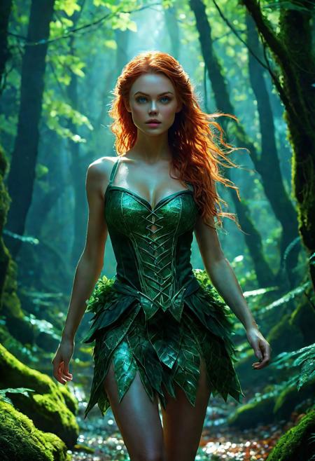 Ultra detailed digital art masterpiece Forest Elf woman dressed in a green moss and mini skirt in a brown leaves, running down the mysterious night street of the big dark fantasy Town, Beautiful Sadie Sink as  Forest Elf woman, perfect lighting, elegant, unreal engine 5 nanite quality, mixed with dark elements, dark environment, very dark night, clean dark velour witch clothing, dark washed out eyeliner, no make up, natural face, realistic blue eyes, ultra detailed atmospheric details, beautiful glowing effects, sparkle effects, realistic body proportions, beautiful face proportions, complex masterpiece, wavy red hair, creative glowing detailed tattoos, complex physics, enhanced colors, complimentary colors, ultra detailed raytracing reflections, Ultra detailed complex background, environment feels alive, direct eye contact, dramatic lighting, wet and sweaty skin, beautiful firm Breasts, Concept art portrait by Greg Rutkowski