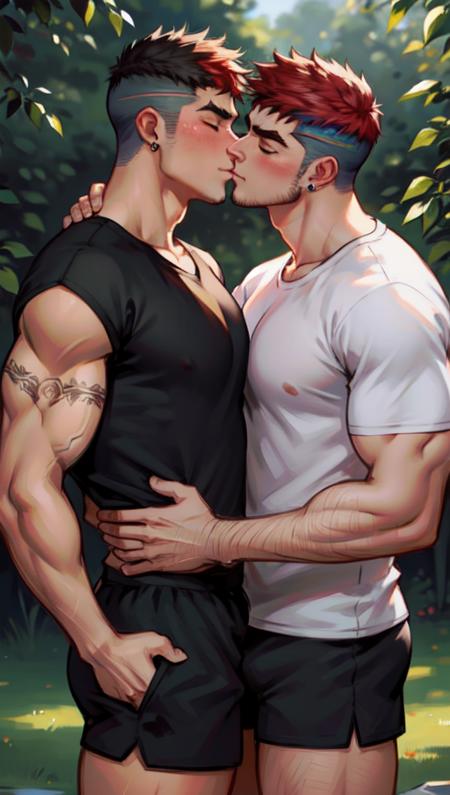 multiple boys, male focus, yaoi, 2boys, shirt, bara, kiss, muscular, muscular male, blush, thick eyebrows, short hair, tattoo, black hair, sideburns, jewelry, shorts, earrings, bandaid on face, bandaid, red hair, undercut, multicolored hair, Best quality, masterpiece, ultra high res, (photorealistic:1.4), 8k, intricate, elegant, highly detailed, majestic, digital photography,