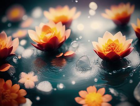 <lora:dooli_yiu_v10:0.7>, a bunch of flowers that are floating in the water, 
fade, slate gray, orange color lookup, (teal and orange:0.7),  cinematic colors, vignette, lowkey, glowing, dark depth of field