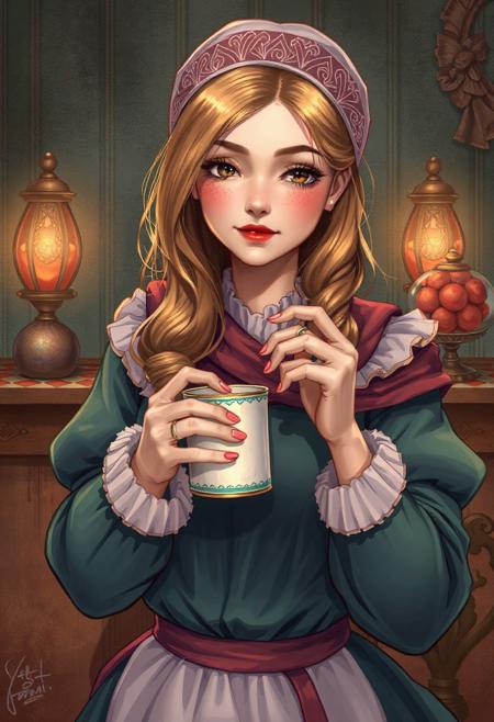 Иллюстрация высокого качества, девушка-бариста держит чашку кофе. Улыбается.