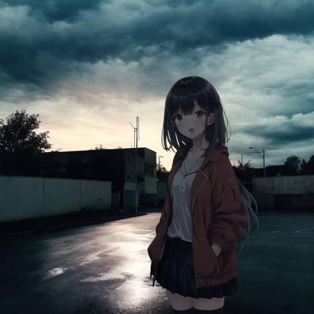 <lora:anime_irl:1>, anime_irl,  a building with a light on at night time with a street light in front of it and a dark sky, 1girl, bangs, black hair, black legwear, black shirt, black skirt, blunt bangs, building, cityscape, clouds, cloudy sky, day, down jacket, expressionless, feet out of frame, grey eyes, jacket, kgt \(pixiv12957613\), lamppost, looking at viewer, off shoulder, on roof, open clothes, open jacket, open mouth, outdoors, parking lot, red jacket, rooftop, scenery, shadow, shirt, skirt, sky, sleeves past wrists, solo, standing, sunlight