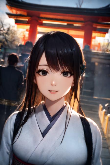 detailed face, perfect face, happy, kimono, volumetric lighting, cinematic angle, cinematic shot, outdoors, Shinto shrine, long hair, black eyes, <lora:PulenKompot-Hitomi-T-v2-urpmv1.3:1> hitomi-t