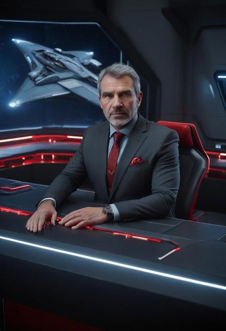 RAW photo, half body shot of a 55yo man, friendly face, short beard, wearing a futuristic  business suite with red accents, sitting behind a futuristic desk, science fiction room, office, star citizen, Cinematic Shot, Cinematic Lighting, Movie Still, high detail, detailed face, 8k