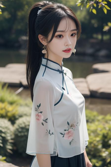 ltra-detailed,highly detailed,best quality,masterpiece,illustration,realistic,
mgftangzhuang, 1girl, solo, upper body, 
chinese clothes,shirt,hair ribbon,short sleeves, see-through sleeves,  see-through, 
blue shirt, print clothes,
hair ornament,  jewelry,  earrings, 
looking at viewer, 
photo background, outdoors,riverbank,river, flower, grass, day,  depth of field, wind,
long hair, ponytail, bangs,
 <lora:mgftangzhuang_v1_03:0.7>